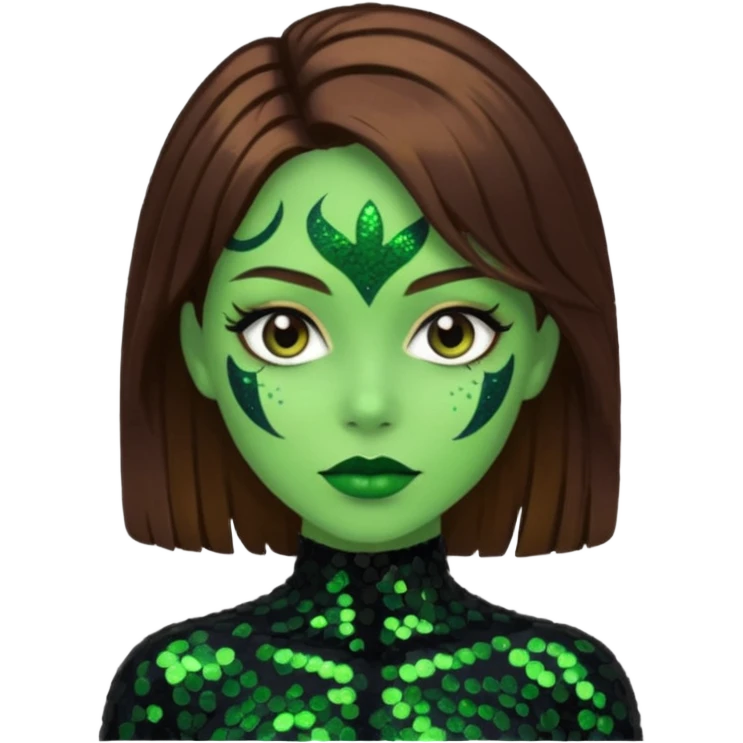 The Wicked Witch from Oz with green skin, brown hair, black sequin outfit emoji