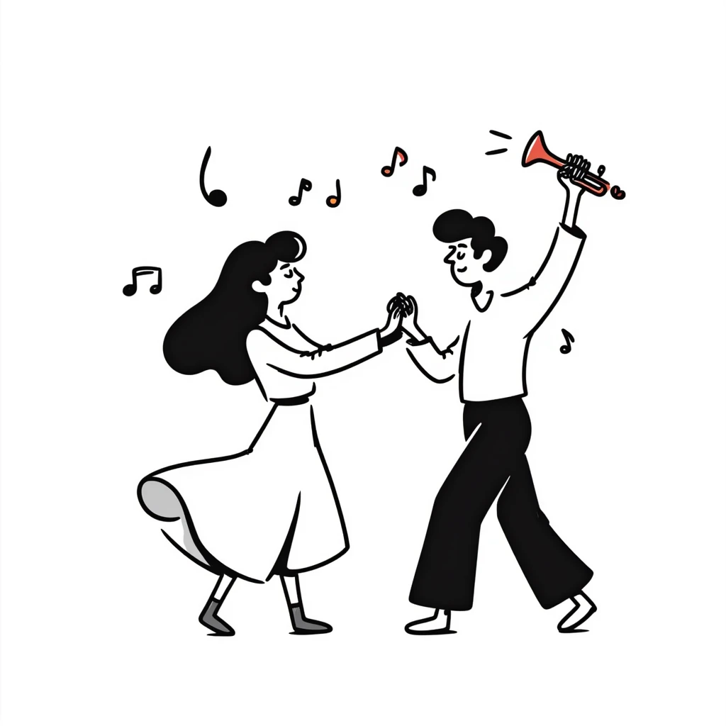 Colombian salsa dancing couple with musical notes, trumpet, and Colombian flag colors emoji