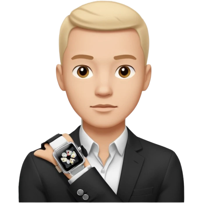 man wearing a black strap watch portrait, head and shoulders only, square jawline, strong facial structure, confident expression, black strap wristwatch visible, 3D cartoon, mobile game icon style, clean background, no text, no watermark
 emoji