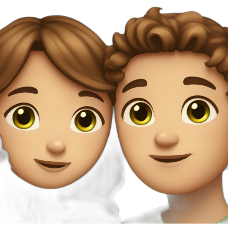 Girl with brown eyes and brown hair kisses boy with brown hair and green eyes and hugs brown fat cats emoji
