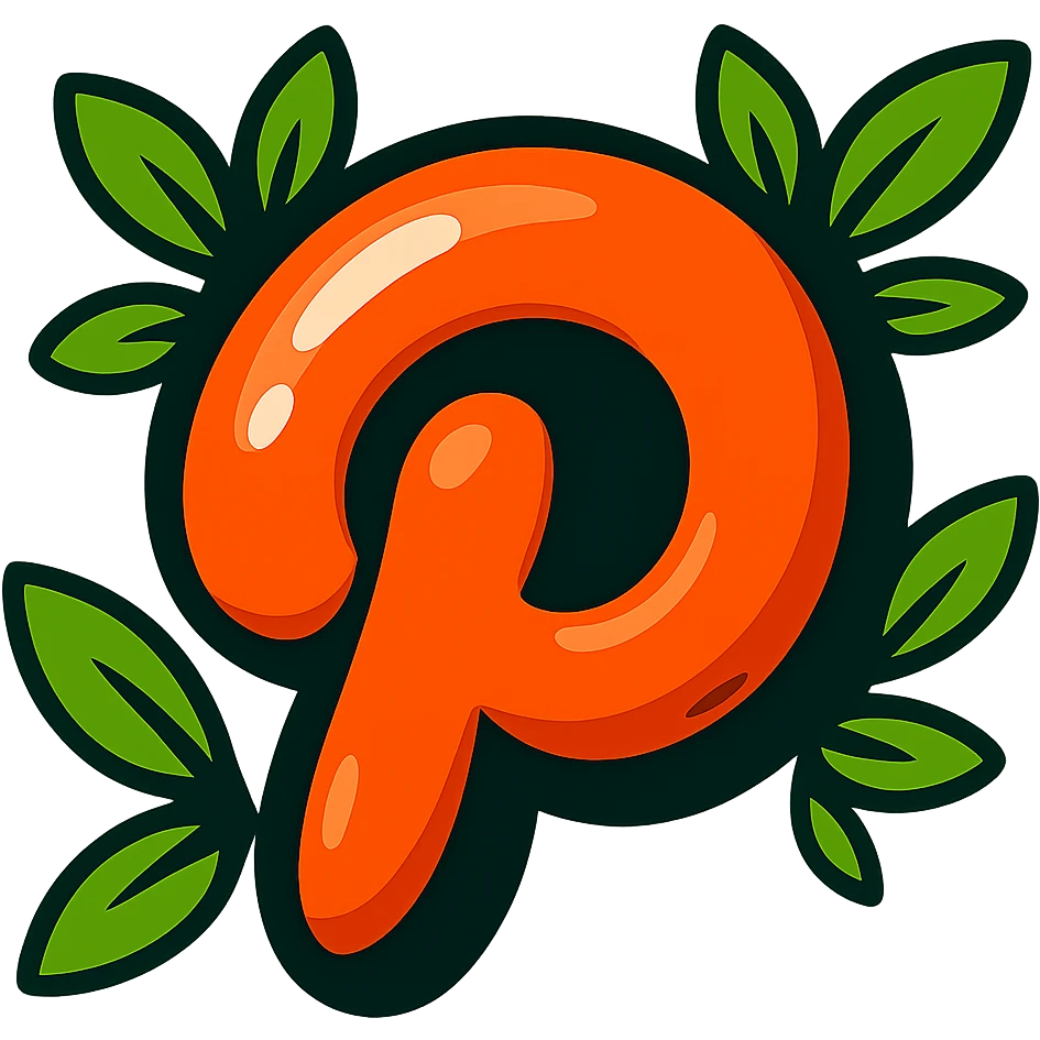 Plump, extra rounded cartoon-style Pinterest logo, soft and puffy, with bold black outline, expressive shadows, glossy highlights, and bright leaves around the logo. No sharp corners, no background. Match the reference style closely, emphasize contours, shadows, and highlights. emoji