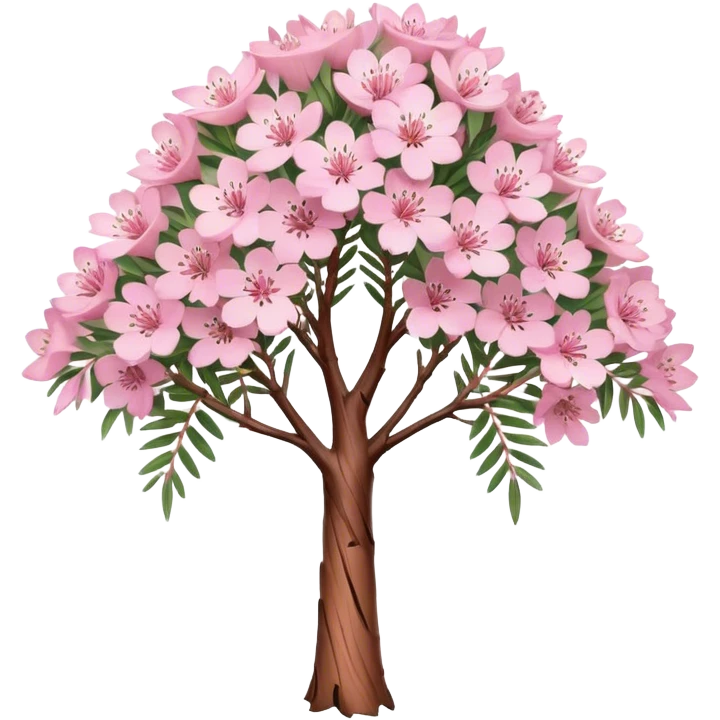 Cinematic Realistic Melaleuca Emoji, Elegant and resilient, with peeling, papery bark and delicate, needle-like leaves. The tree stands tall and graceful, with clusters of white and pink flowers dotting the branches. Soft glowing outline, capturing the essence of natural elegance and resilience in a beautiful melaleuca tree! emoji