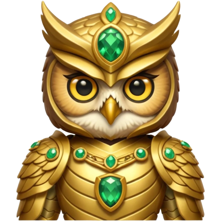 owl warrior wearing golden armor embedded with emerald jewels emoji