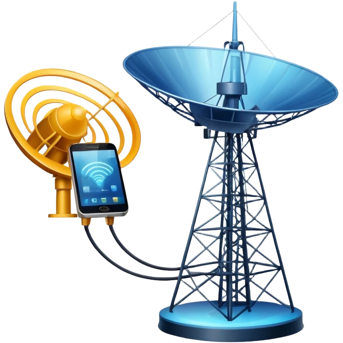 An icon featuring a satellite dish, a cell tower emitting signals, and a smartphone displaying a chat interface. The design includes fiber-optic cables and data waves, symbolizing global communication, connectivity, and information exchange. Transparent background. emoji