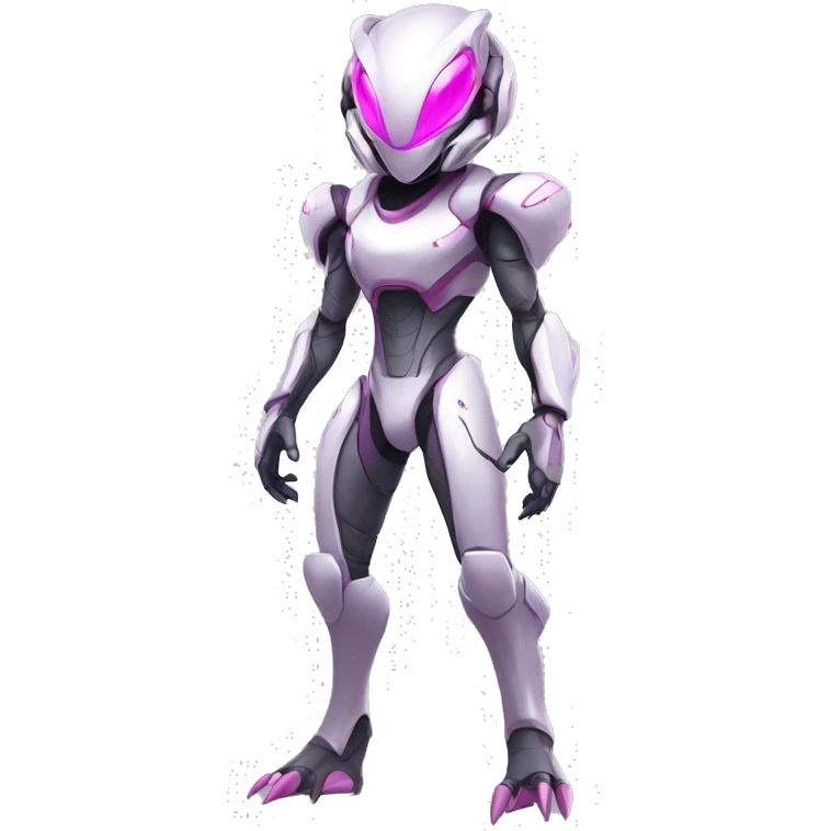 White Anthro-Lizard-Alien-Genesect-Mewtwo-Fakémon, with pink eyes, with a futuristic visor-helmet, wearing a techwear-suit, Full Body emoji