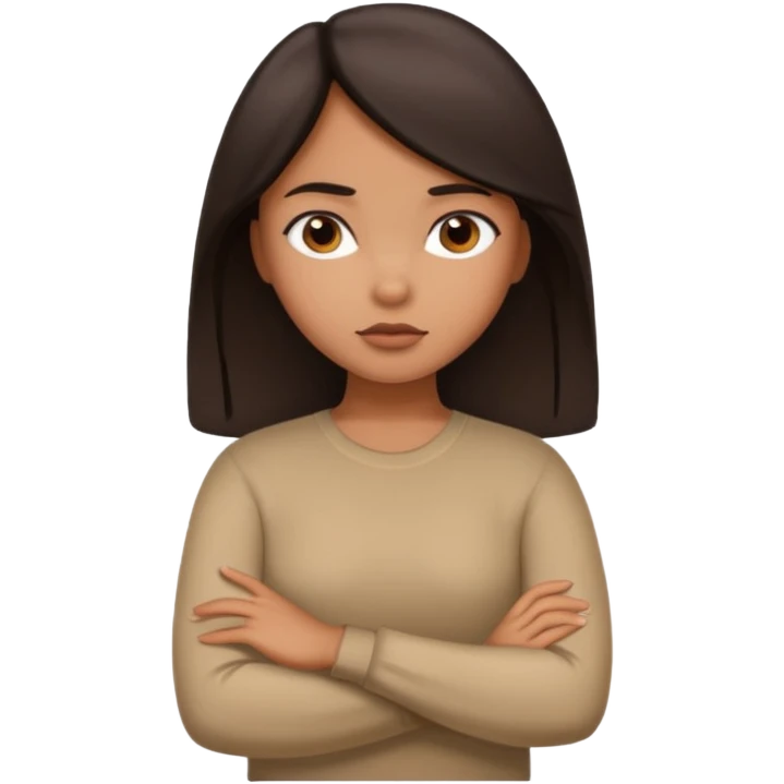 Tan girl dark hair crossing her arms with slight pout emoji