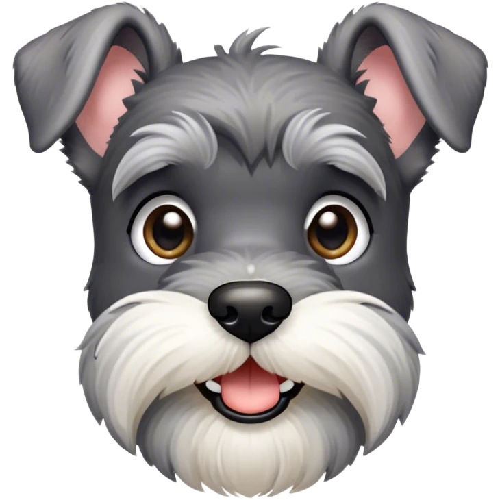 Cinematic Cute Miniature Schnauzer Portrait Emoji, Head cheerfully cocked with expressive, twinkling eyes and a neatly trimmed, adorable salt-and-pepper fur, simplified yet endearingly detailed, glowing with a bright, friendly radiance, high shine, exuding smart and spunky charm, styled with a delicate, whimsical outline, capturing the essence of a cute Miniature Schnauzer that appears ready to scamper off the screen with delightful energy! emoji