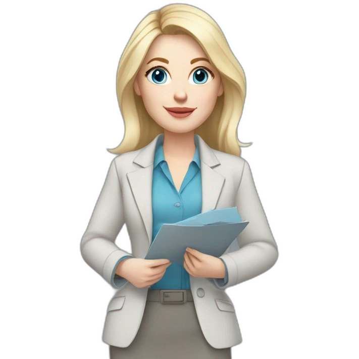 pale skin woman interior designer with cold blonde middle length hair, blue eyes, White blouse, Gray oversize jacket, Gray skirt holding a color palette in the hands emoji