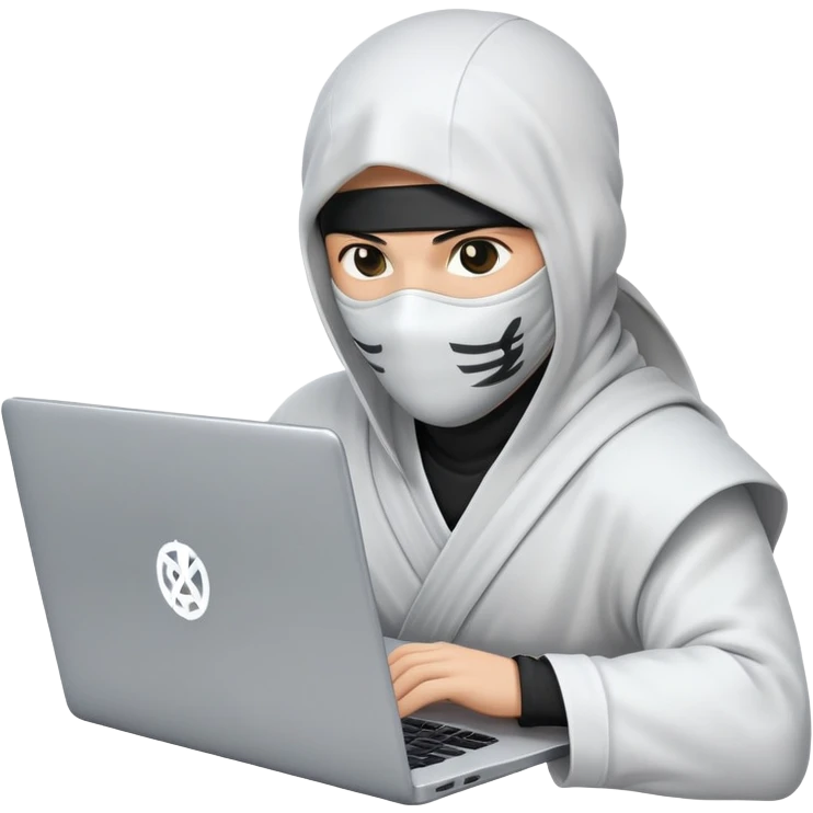 Ninja wearing white cloth without covering the head only covering the face working with laptop laptop should be center and back of the laptop ninja is working the laptop logo is dollar symbol emoji