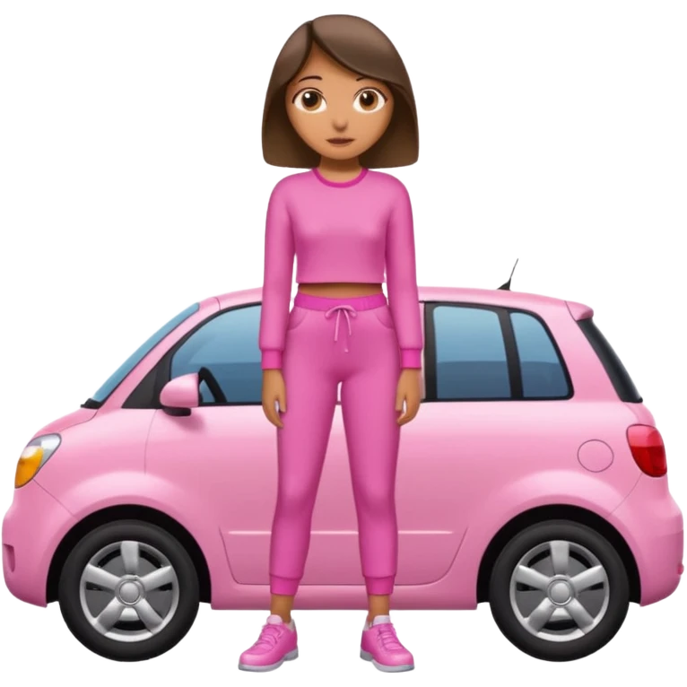 Create me a emoji girl with brown eyes in a pink outfit leaning on a car full body emoji