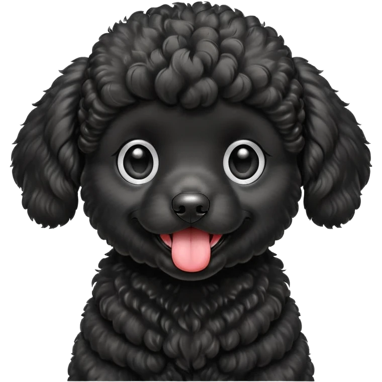 A high-resolution square-format digital illustration of a black poodle puppy in a clean, emoji-inspired semi-realistic style. The poodle is shown from the chest up, facing forward with a slight tilt of the head to the left, tongue out playfully. emoji