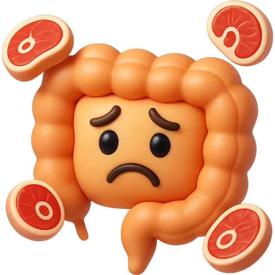emoji stile iphone in 3d di un intestino triste con fette di carne che gli fluttuano intorno emoji