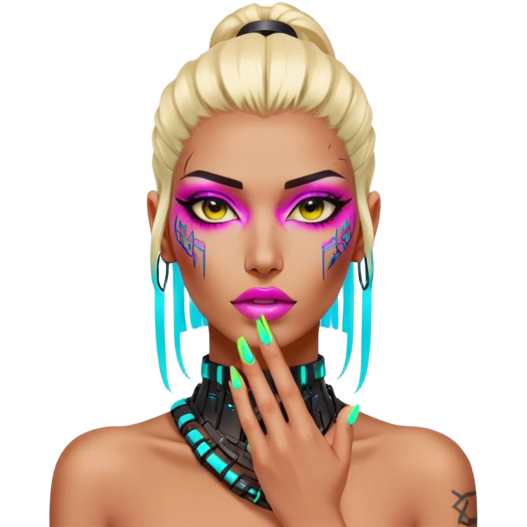 cyberpunk style neon 
manicure with long nails shows fak emoji
