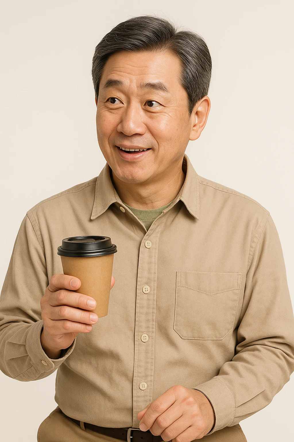 Upper body portrait of a typical Korean man aged 55-64, practical consumer vibe, expression showing interest in special promotions and reasonable benefits, eager to experience various coffee beans without burden, neat hairstyle and practical clothing, trustworthy and friendly impression, advertising mockup style emoji