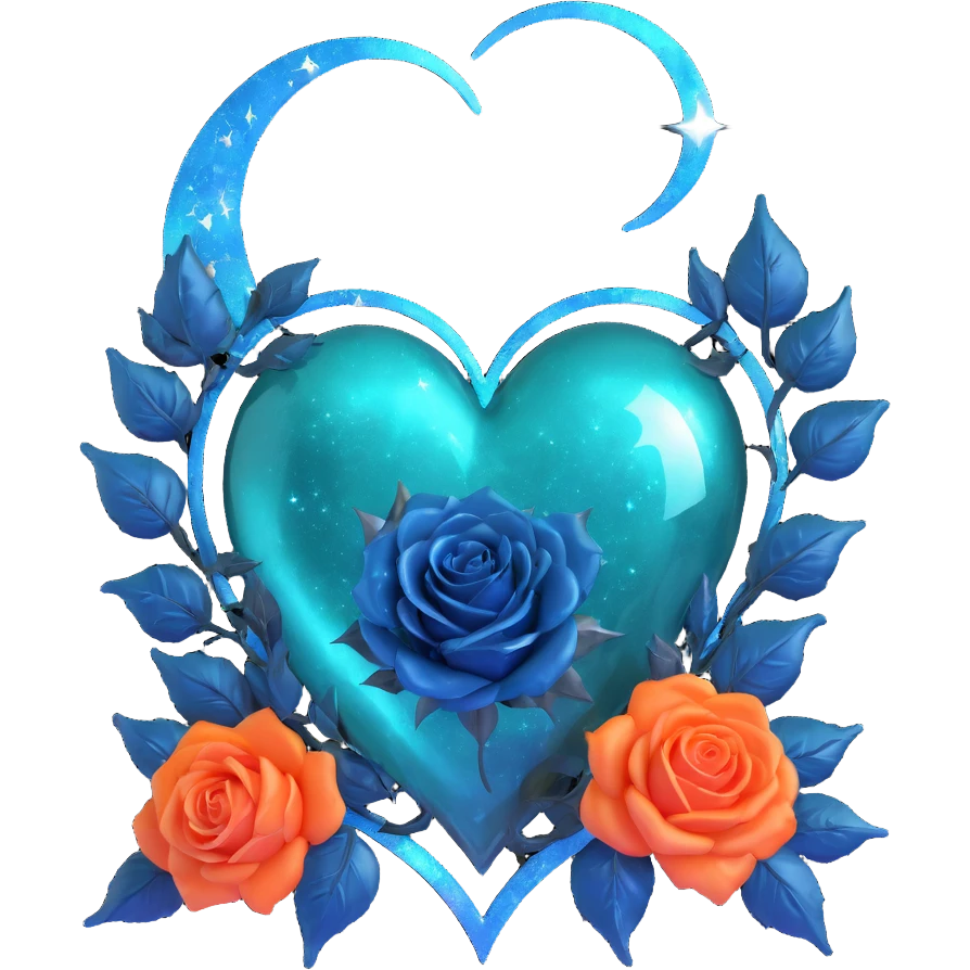 gothic heart made of dark teal glass, silver crescent moon, midnight blue roses, holographic stardust, neon lightning, drenched look, splintered glass texture emoji