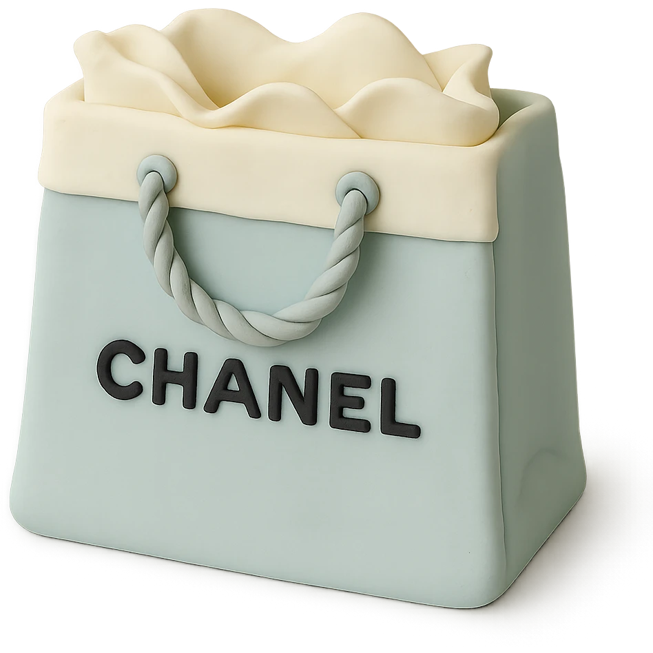 Chanel shopping bag cake in fondant cake art style, pastel blue and white emoji