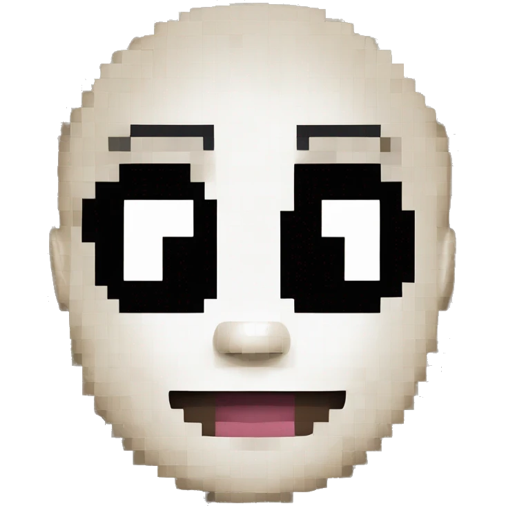The image depicts a pixel art representation of a face, resembling Sans from the game "Undertale." The face has large, square eyes with white pupils, a triangular nose, and a wide, toothy smile. It's pixelated emoji