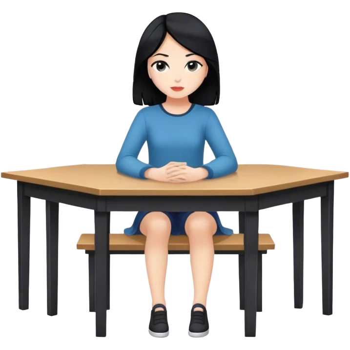 White girl full body sitting at table with black hair looking away emoji