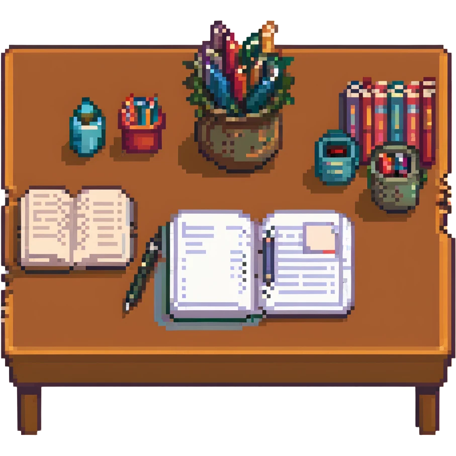 a table with paper, pens, and homeschool books, pixel art style emoji
