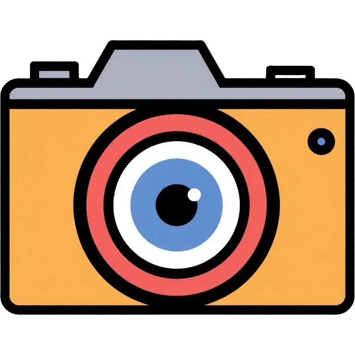 flat abstract camera with eye in lens, simple logo design emoji