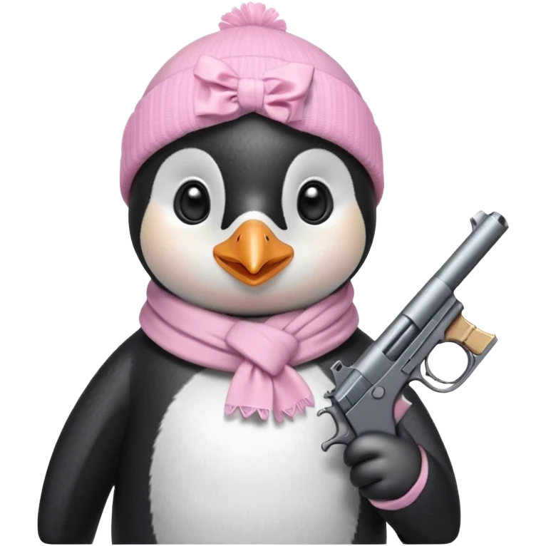 cute penguin wearing light pink bow scarf and holding light pink gun  emoji