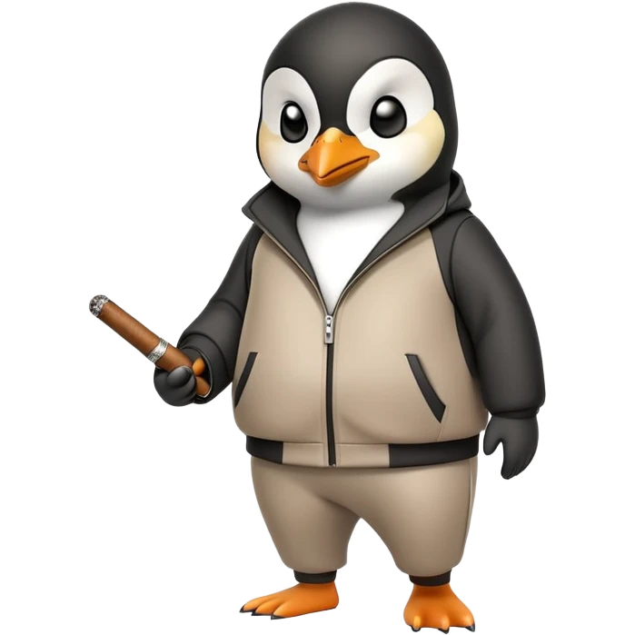friendly anthropomorphised penguin wearing a mafia-style tracksuit, holding a cigar, secretive scheming pose, angry expression, walking with determined stride emoji