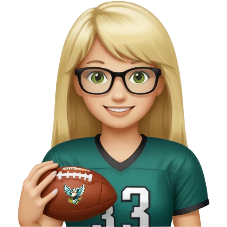 long blonde hair with bangs small black rectangle glasses female green eyes football player wearing eagles jersey number 33 holding football emoji