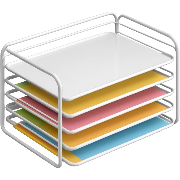 A minimal, clean emoji-style illustration of a white metal desk paper organizer tray, shown in slight isometric view so its structure is readable at a small scale. The organizer is rectangular with rounded corners, made of thin white metal wires, forming two to three stacked horizontal slots.
 emoji