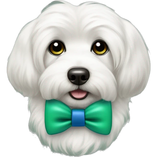 White coton de tulear dog with black ears wearing a green and blue bow tie emoji