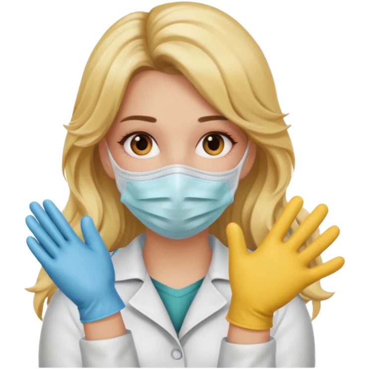 enfermera rubia con pelo largo, con mascarilla y guantes que aperezcan las dos manos emoji