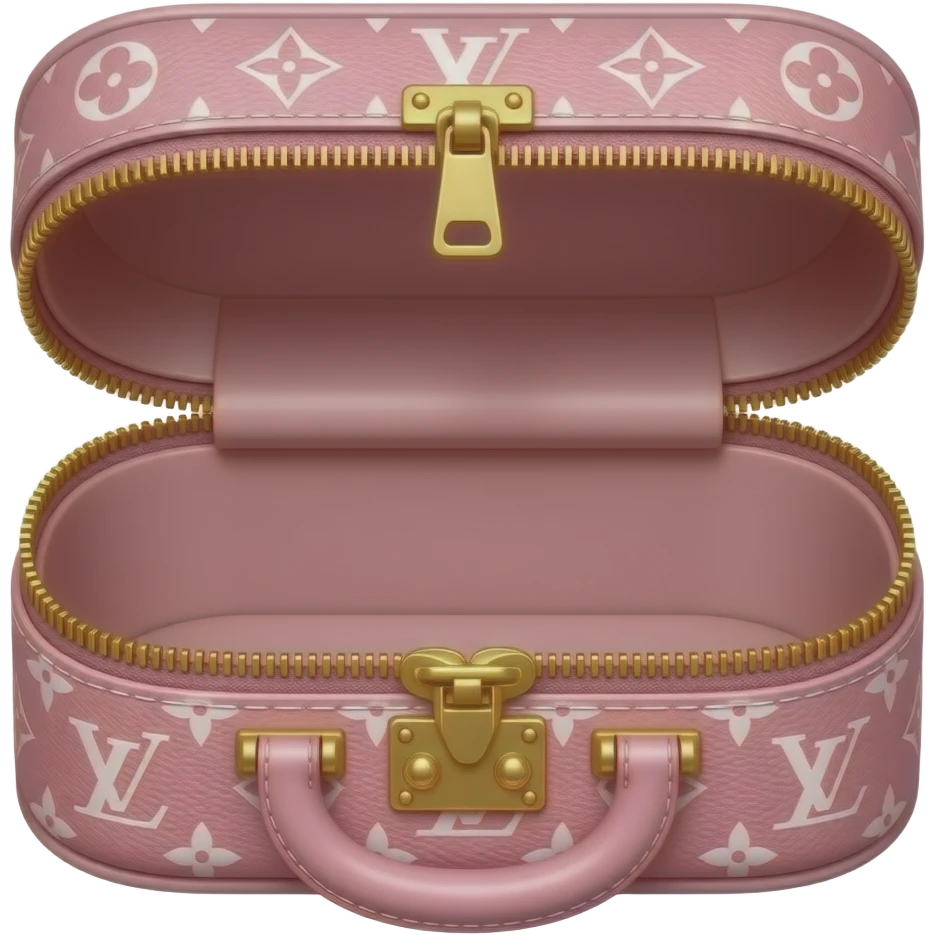 estuche realista con cierre grueso  dorado  abierto LV rosado vacio emoji