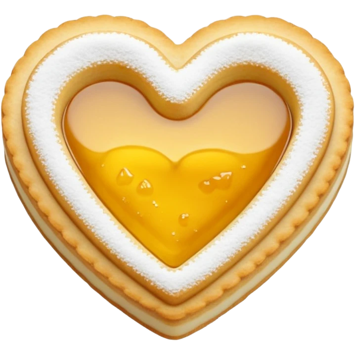Realistic shortbread cookie in the shape of a heart with color of lemon jelly middle filling and sprinkled powder sugar on top. emoji