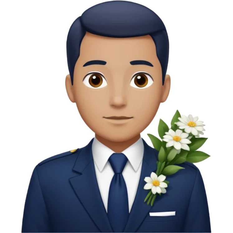 Homme avec bouquet fleurs blanches, avec uniforme bleu foncé cravate rouge, arabe raie sur le côté sans chapeau juste insigne sans bouton manchette et un peu bronzé emoji