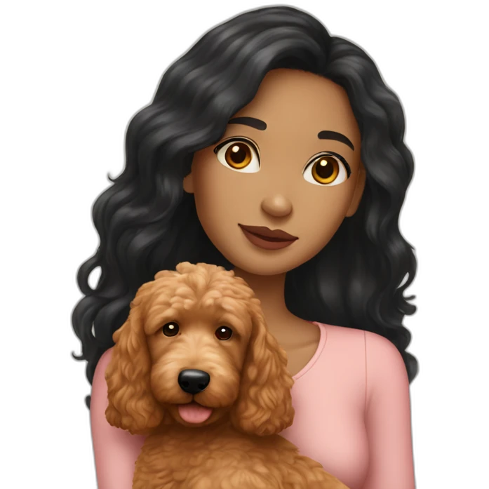 Girl with long black hair and light skin holding red goldendoodle emoji