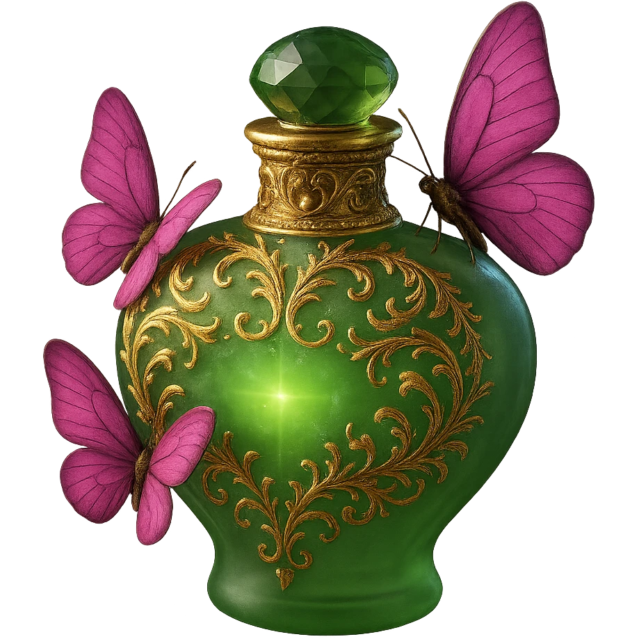 Enhance and beautify the green bottle with golden details and bright pink butterflies in matte glass style. Make the bottom of the bottle rounder and less sharp while maintaining elegance and intricate details. emoji