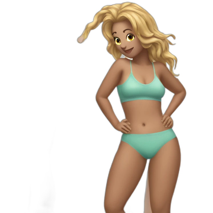 Slim-thicc Caucasian woman small panties hands-in-hair pose (beach body) full body emoji
