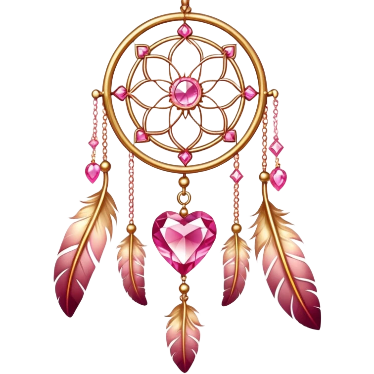 Reddish-pinkish and golden warm-colored romantic lush beautiful pretty hanging crystal-catcher aesthetic with hearts and sparkles and feathers emoji