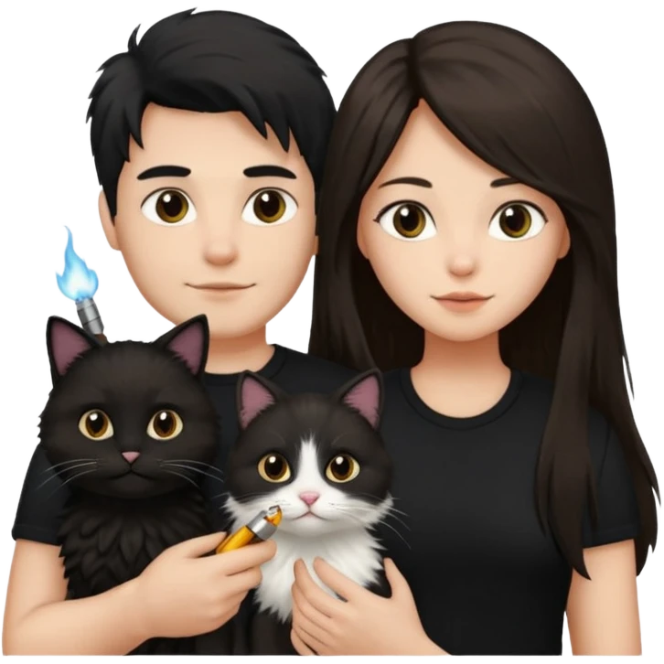 The man is wearing a black shirt and the women is wearing a black top and has longer hair. The cats fur  is lighter  emoji