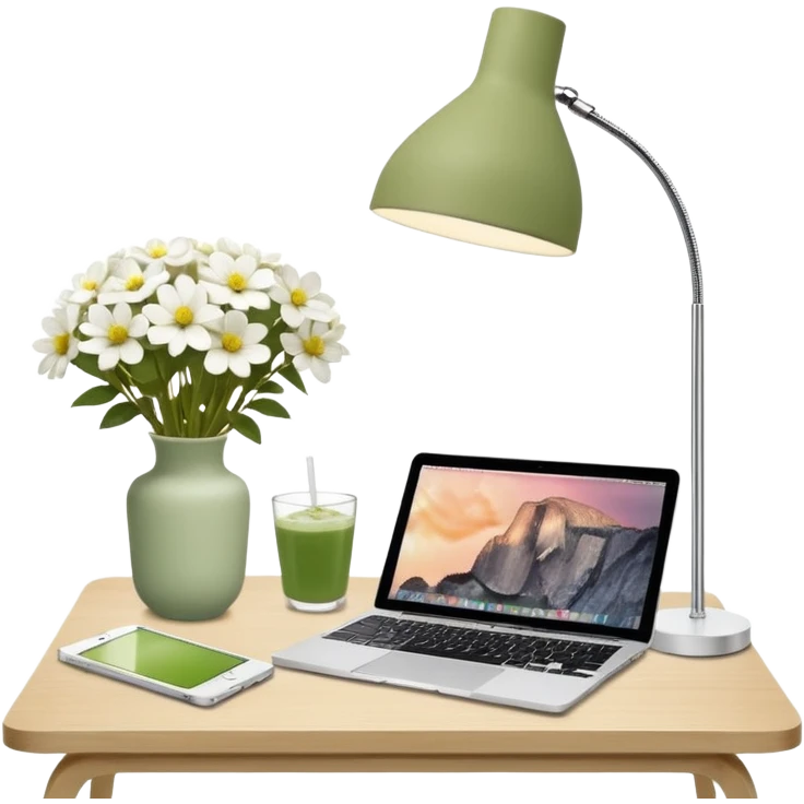 realistic macbook computer, fashion/interior magazines, flowers in a little vase, louis poulsen portable lamp with a dimmed cozy light and a iced matcha. very scandinavian aesthetic emoji