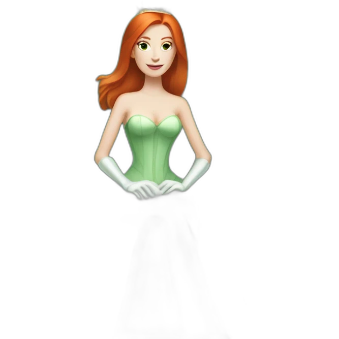 white skin redhead queen with straight hair wearing white gloves on her throne, wearing a green dress emoji