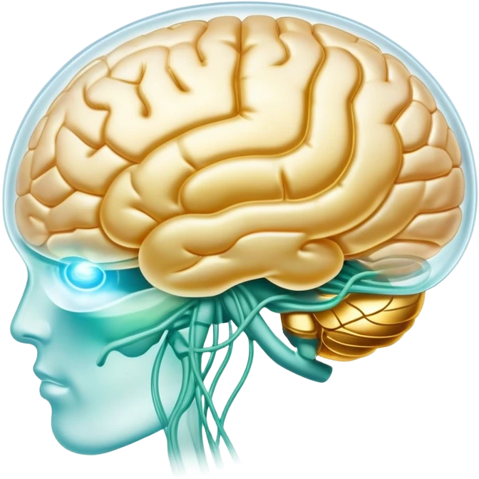 Pearlescent capsule floating between a translucent glowing brain and a translucent liver. Golden waves of connection emanate from the brain, representing improved memory, clarity and neural communication. The entire scene has an ethereal glow showing the beneficial properties of choline. emoji