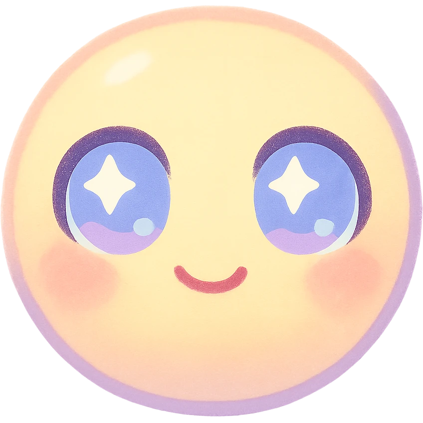 cute emoji, round face, big sparkling eyes, small smile, pastel colors emoji