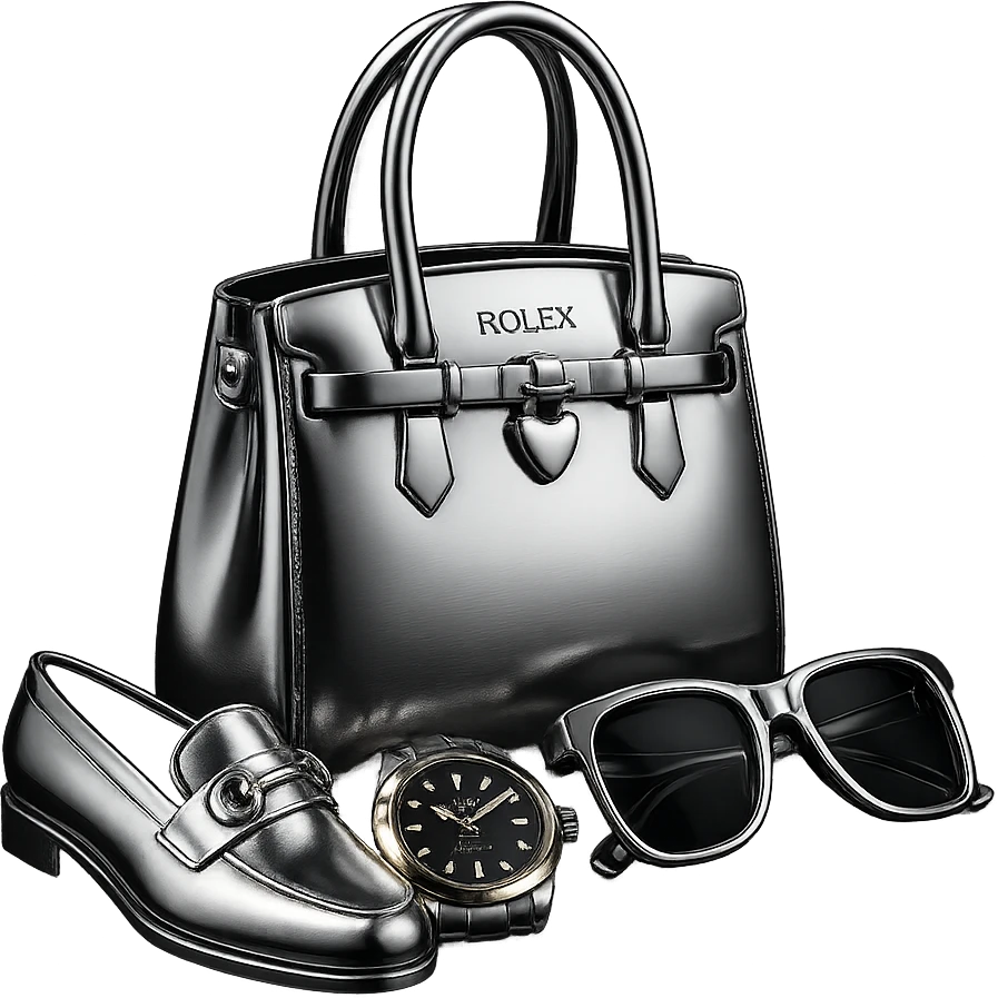 Make the shoes and the bag white and black chrome, keep the watch black and gold chrome, and the glasses black and gold chrome. All items should be in 3D chrome style, highly reflective and metallic, no background. emoji
