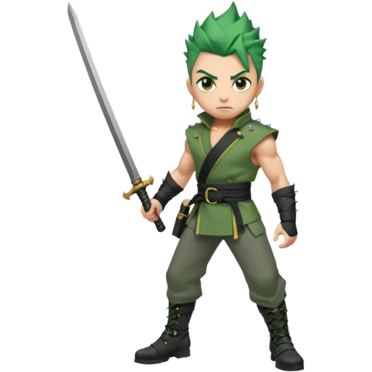 Muscular scarred warrior, short spiky moss-green hair, sharp steel-grey eyes, strong jaw, serious stare. Black trousers, boots, green sash with three katanas, open white coat, three gold earrings. Cinematic, ultra-realistic. emoji