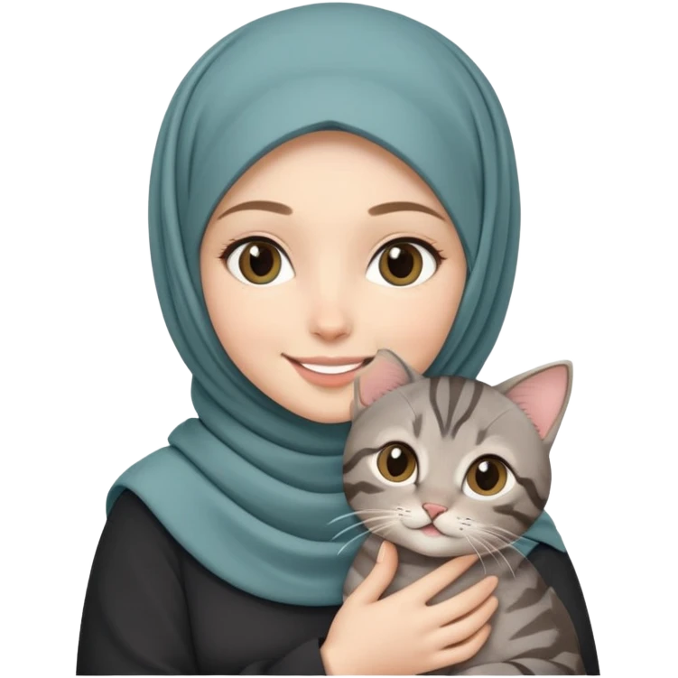 White girl wearing hijab smiling while holding a black grey tabby cat emoji