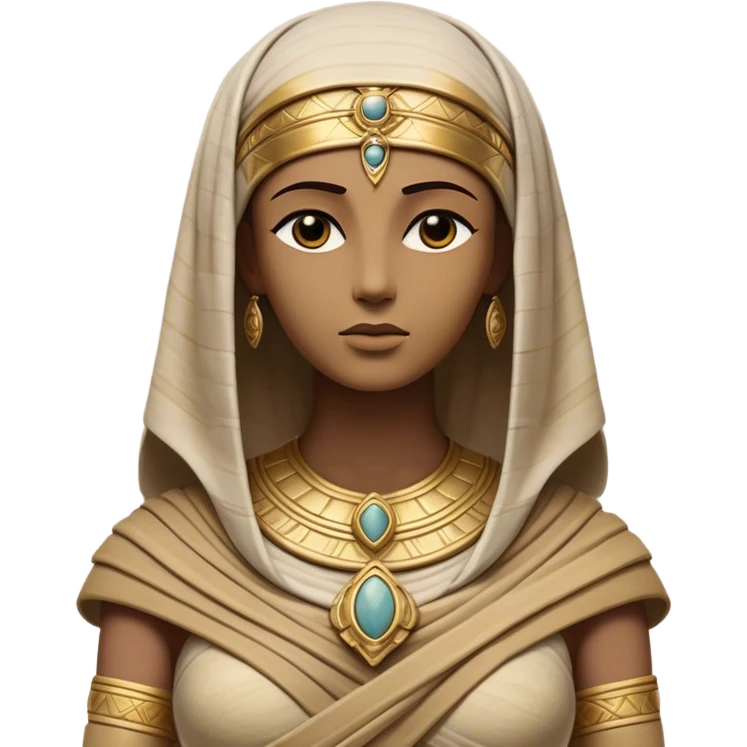 Cinematic Noble Mummy Portrait Emoji, Regal and timeless, with a meticulously wrapped, ancient form in muted earth tones accented by faded gold, exuding an air of forgotten majesty and solemn duty, simplified yet elegant with intricate bandage details, highly detailed and softly glowing, evoking the dignified mystery of an eternal sentinel guarding long-lost secrets! emoji