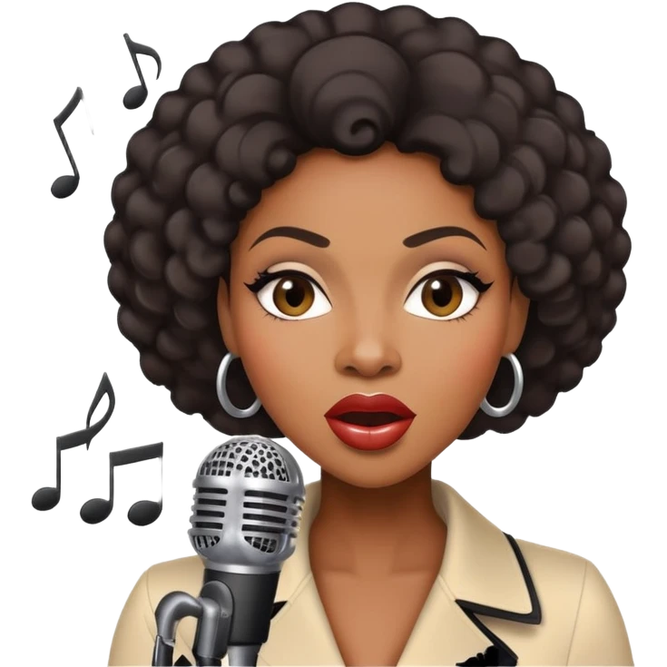 Black female jazz singer with a microphone, expressive face, musical notes emoji