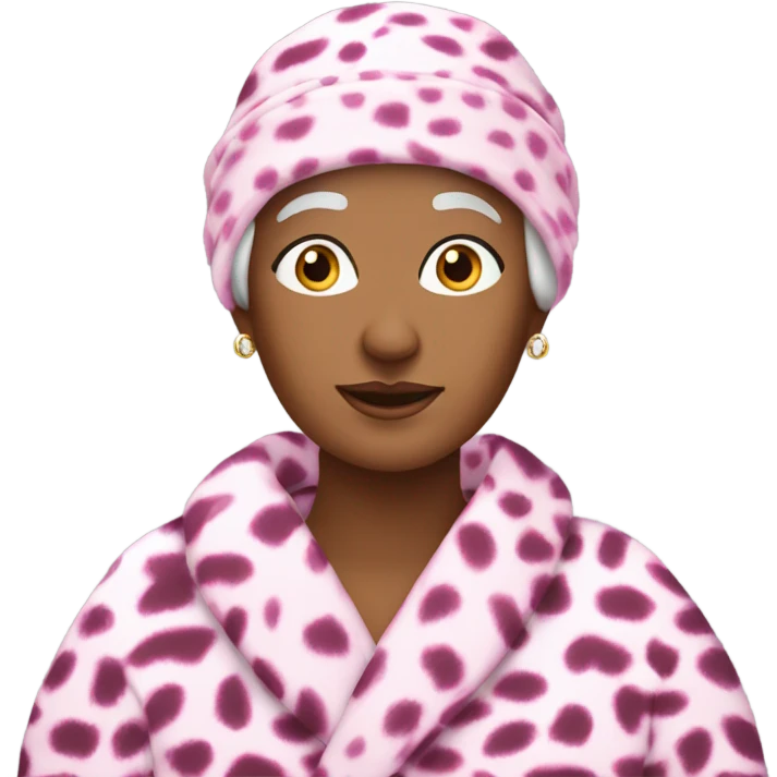 White Grandma with beanie with a robe on with pink cheetah print ￼ emoji