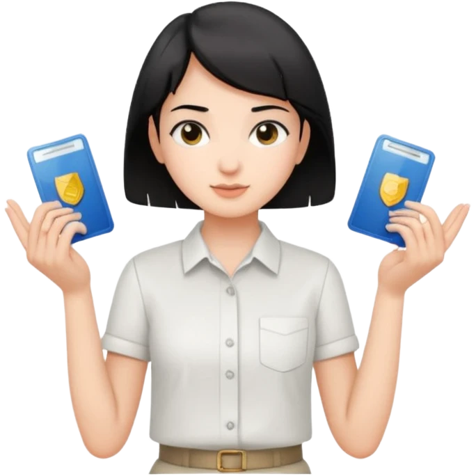 A young guide with short black hair and fair skin is wearing a white shirt, showcasing her license with both hands, which is horizontal. emoji