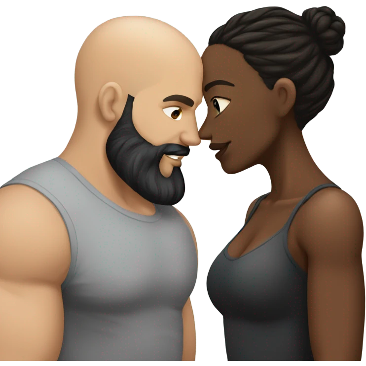 Curvy White brunette kissing muscular black bald man with beard emoji